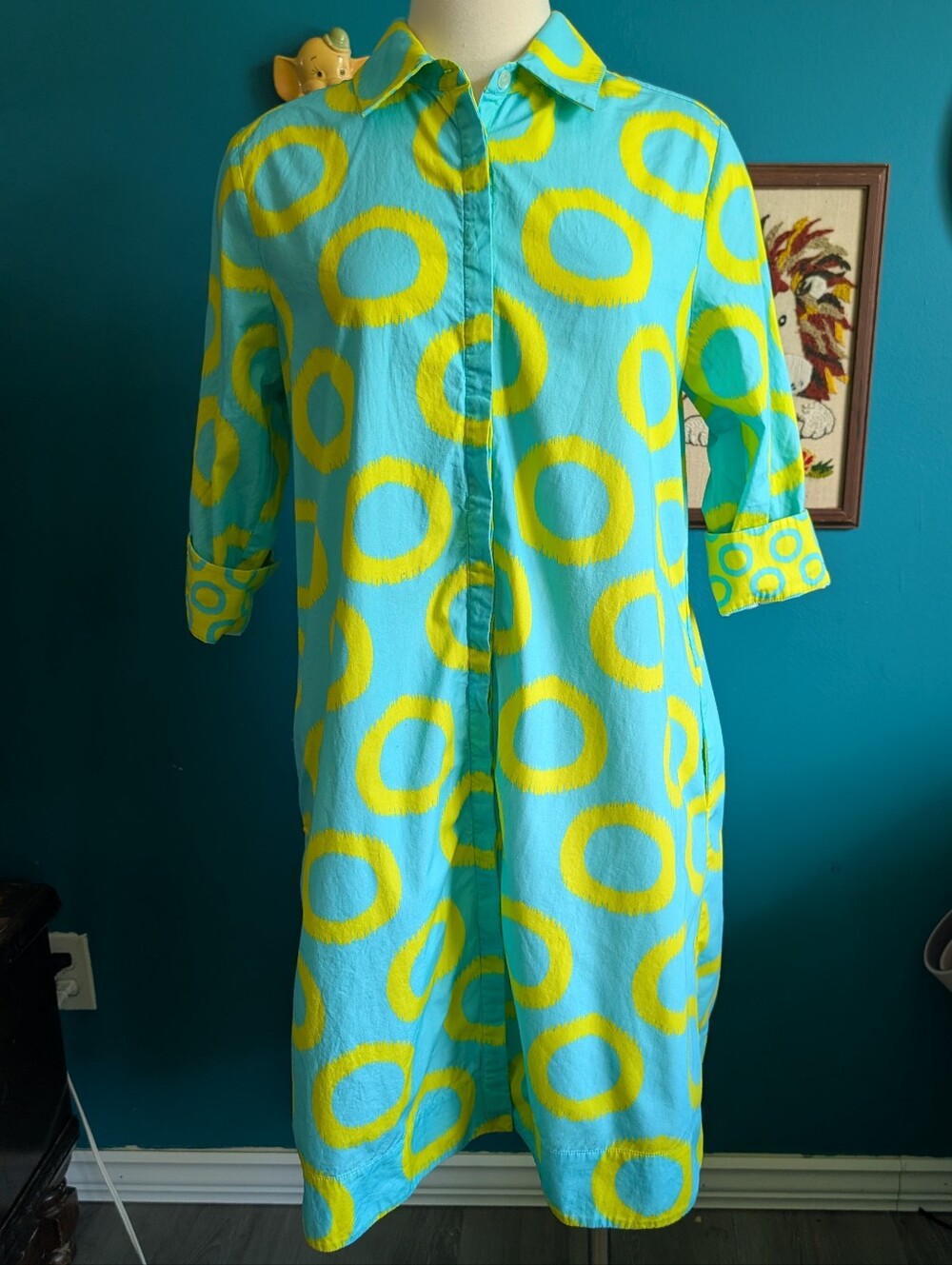 Perlavera Clara Shirtdress Size Medium Blue And Like Green With Pockets